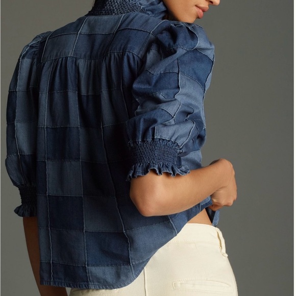 Denim Patchwork blouse with ruffle detail, poet puff-sleeves and high-neck. - Picture 2 of 7